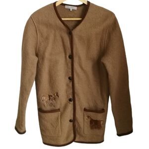 VINTAGE ÉRIC ALEXANDRE Beige Horses Embrodery Boiled Wool Cardigan Size Medium